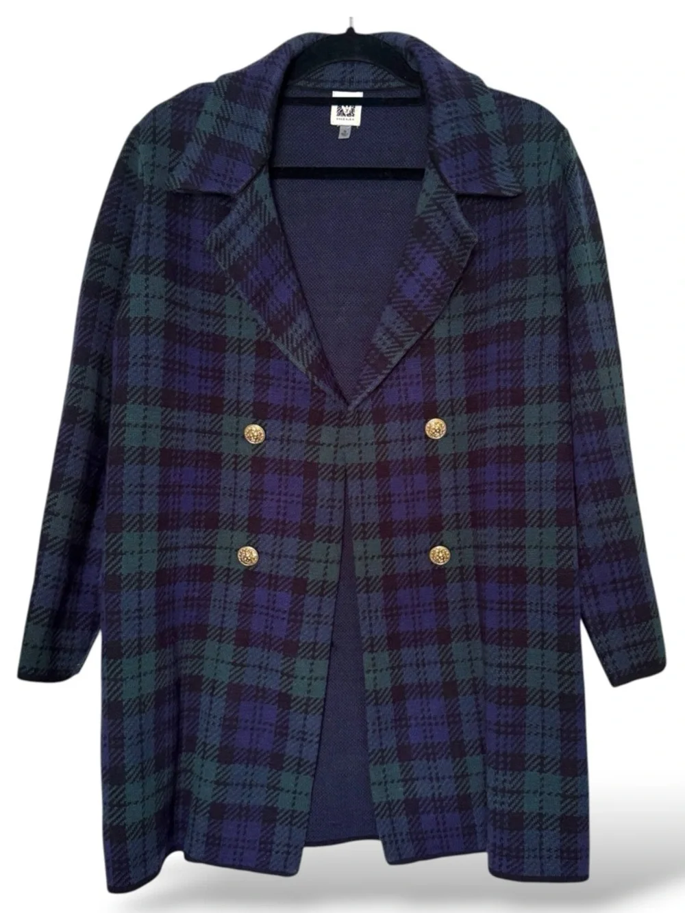 Vintage Anne Klein Blue Green Plaid Double Breasted Cardigan Jacket Medium